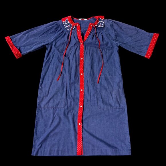 Vintage Duster House Coat Robe Blue Red Floral Snaps Cotton Retro Pockets - Picture 2 of 9